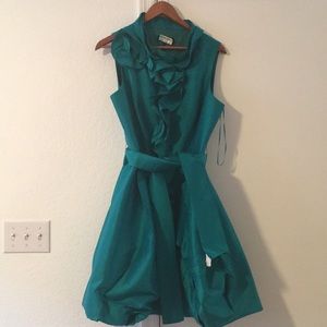 Teal colored 100% silk, belted, sleeveless dress